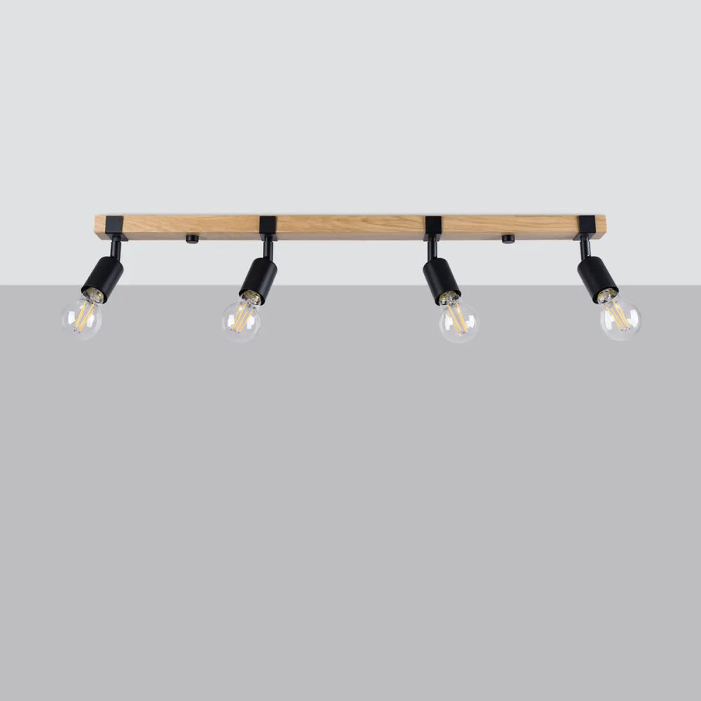 Luminaire plafonnier série zuca 4 noir avec poutre en bois naturel et quatre spots réglables pour œuvres d’art lumineuses