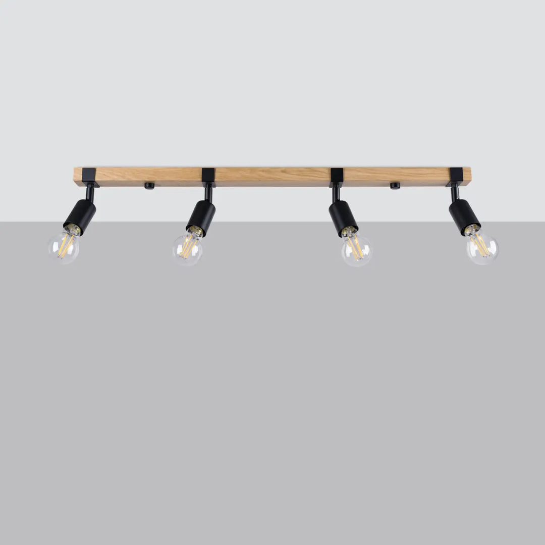 Luminaire plafonnier série zuca 4 noir avec poutre en bois naturel et quatre spots réglables pour œuvres d’art lumineuses