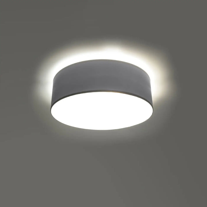 Luminaire plafonnier gris allumé, vue rapprochée