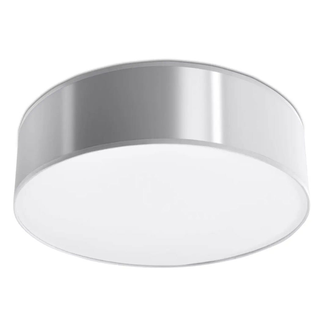Plafonnier rond arena 35 gris avec cadre métallique argenté et diffuseur blanc pour un éclairage polyvalent à forme riche