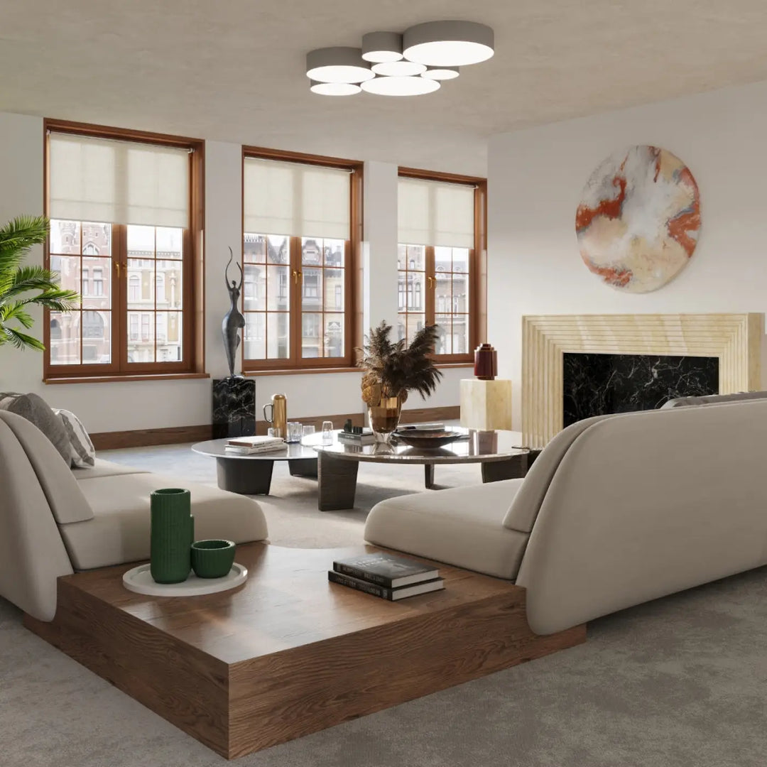 Beige canapé dangle en tissu avec base en bois bas profil pour un éclairage polyvalent plafonnier rond forme riche