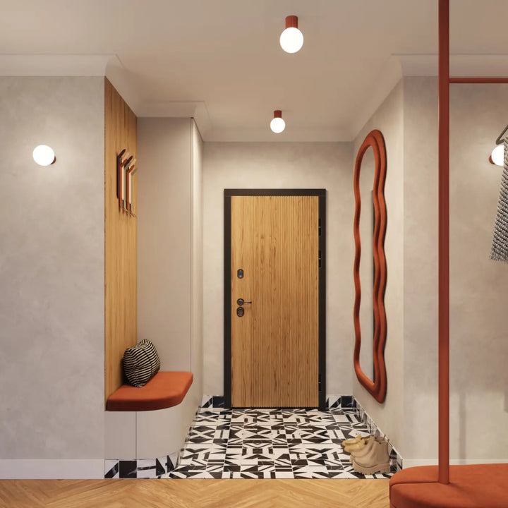 Porte en bois à cadre noir avec grain vertical associée à une lampe halo sphère laiteuse pour bureau décorative rouge ochra