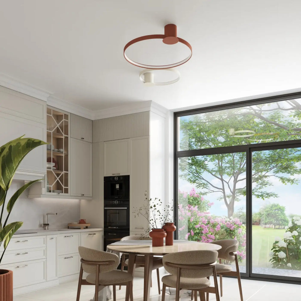 Luminaire plafonnier design moderne collection rio avec anneau terracotta chaud et cercle intérieur blanc 4000k rouge ocre