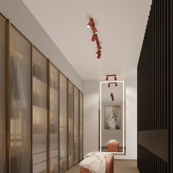 Luminaire plafonnier karbon allie cuivre avec design minimaliste et ampoules gu10 interchangeables rouge ocre