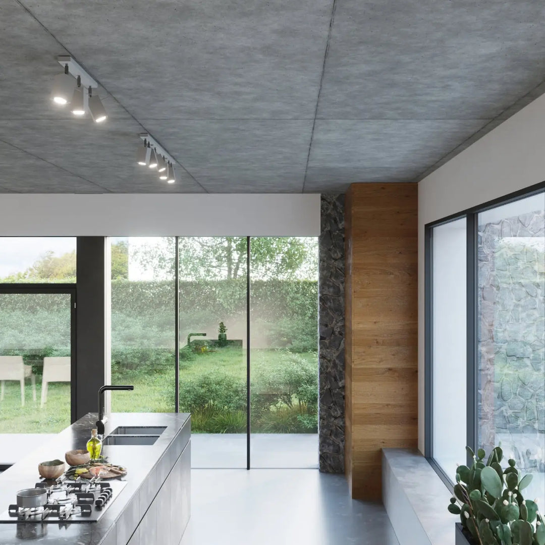 Luminaire plafonnier moderne merida 2 gris avec spots disposés pour diriger précisément la lumière dans une cuisine minimaliste
