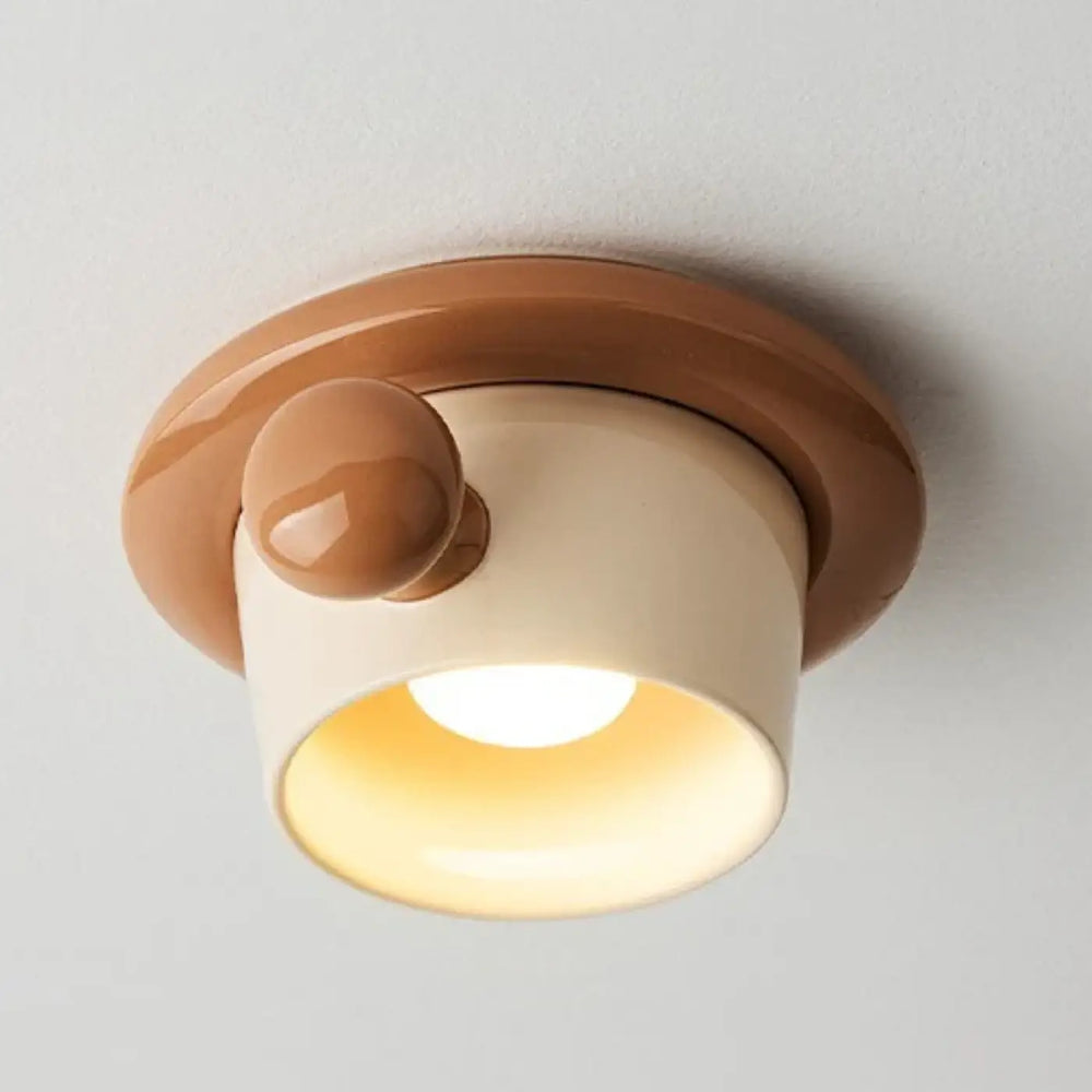 Luminaire plafonnier style rétro en céramique beige avec base et bouton circulaire marron luminaire plafonnier anny