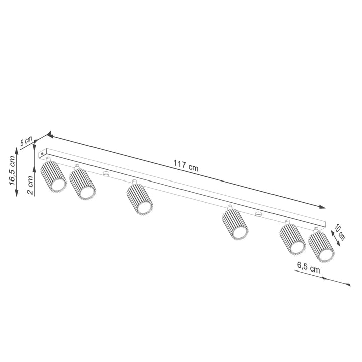 Plafonnier karbon allie de 117 cm avec cinq spots cylindriques nervurés chrome et ampoules gu10 interchangeables design minimaliste taupe