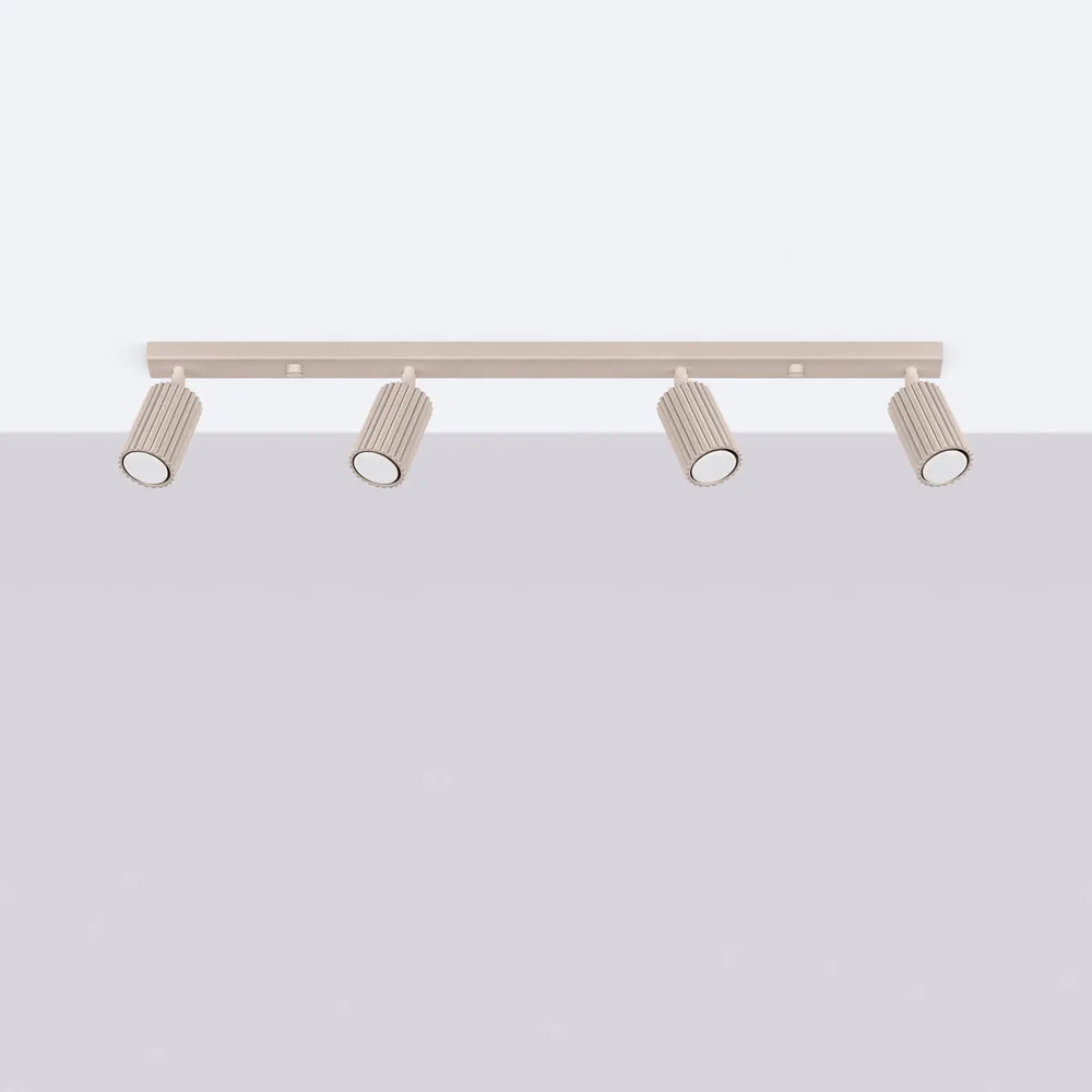Plafonnier karbon taupe en métal beige avec quatre ampoules gu10 interchangeables design minimaliste