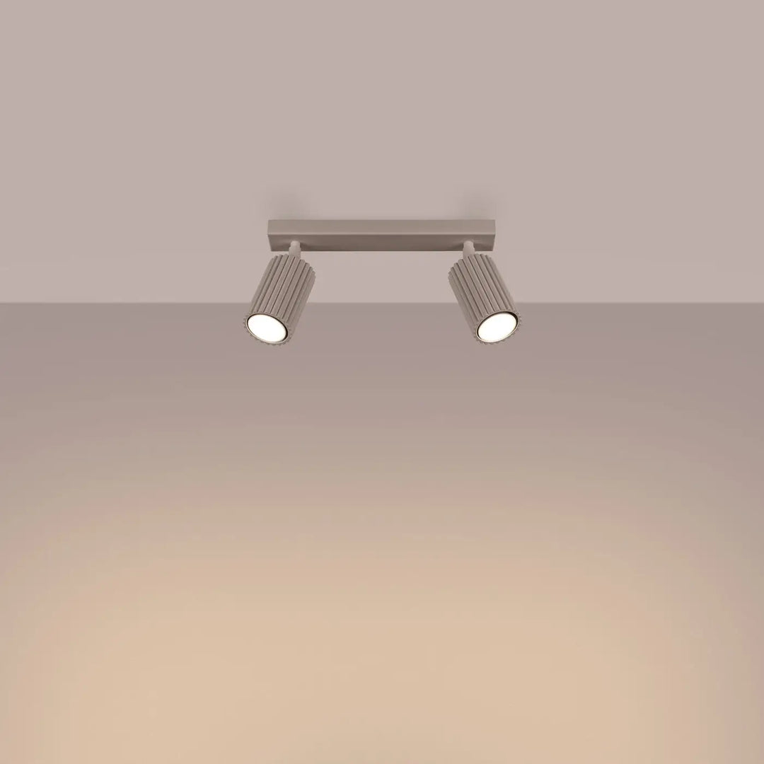 Plafonnier karbon allie design minimaliste avec deux têtes cylindriques en finition taupe et ampoules gu10 interchangeables