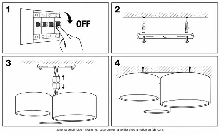 Diagram des étapes dinstallation dun luminaire plafonnier trio jasmin avec deux abat-jours cylindriques pour lumière douce