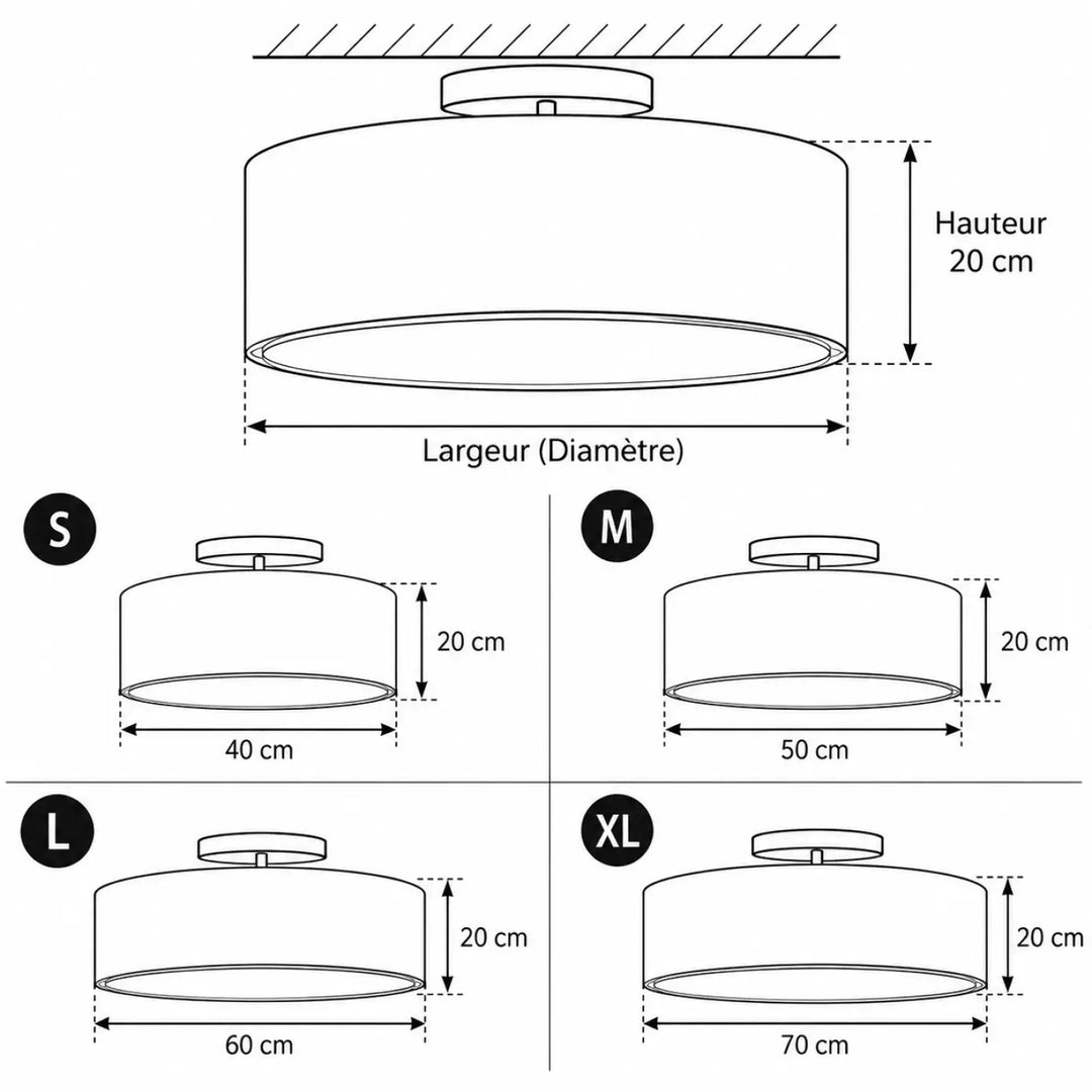 Luminaire plafonnier jasmin avec abat-jour cylindrique design minimaliste en quatre tailles créant une atmosphère chaleureuse