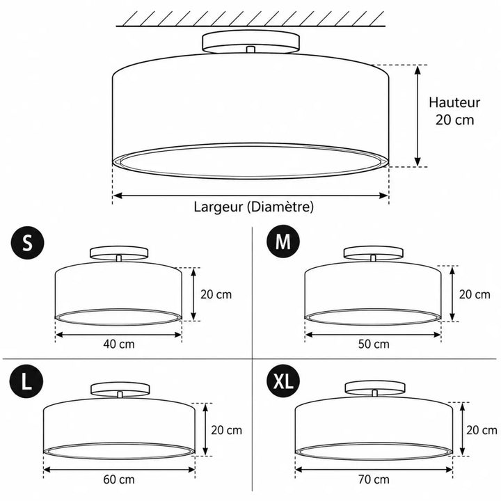 Luminaire plafonnier jasmin avec abat-jour cylindrique design minimaliste en quatre tailles créant une atmosphère chaleureuse