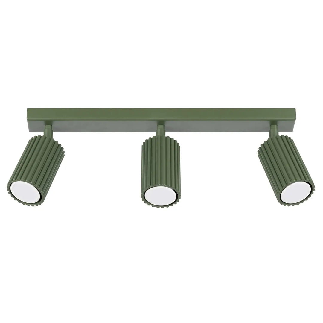 Luminaire plafonnier karbon allie vert olive à trois ampoules gu10 interchangeables avec design minimaliste et abat-jour cannelé
