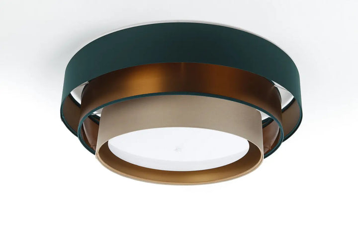 Luminaire plafonnier vert triniti elegant avec anneaux concentriques en vert mat, bronze brossé et tissu beige