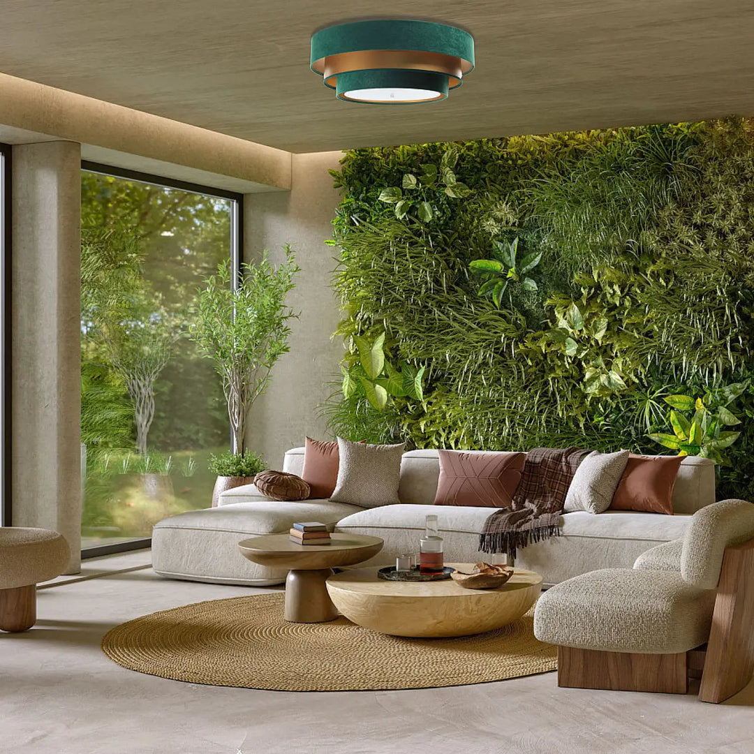 Luminaire plafonnier vert et doré en cuivre avec design circulaire élégant pour intérieur moderne