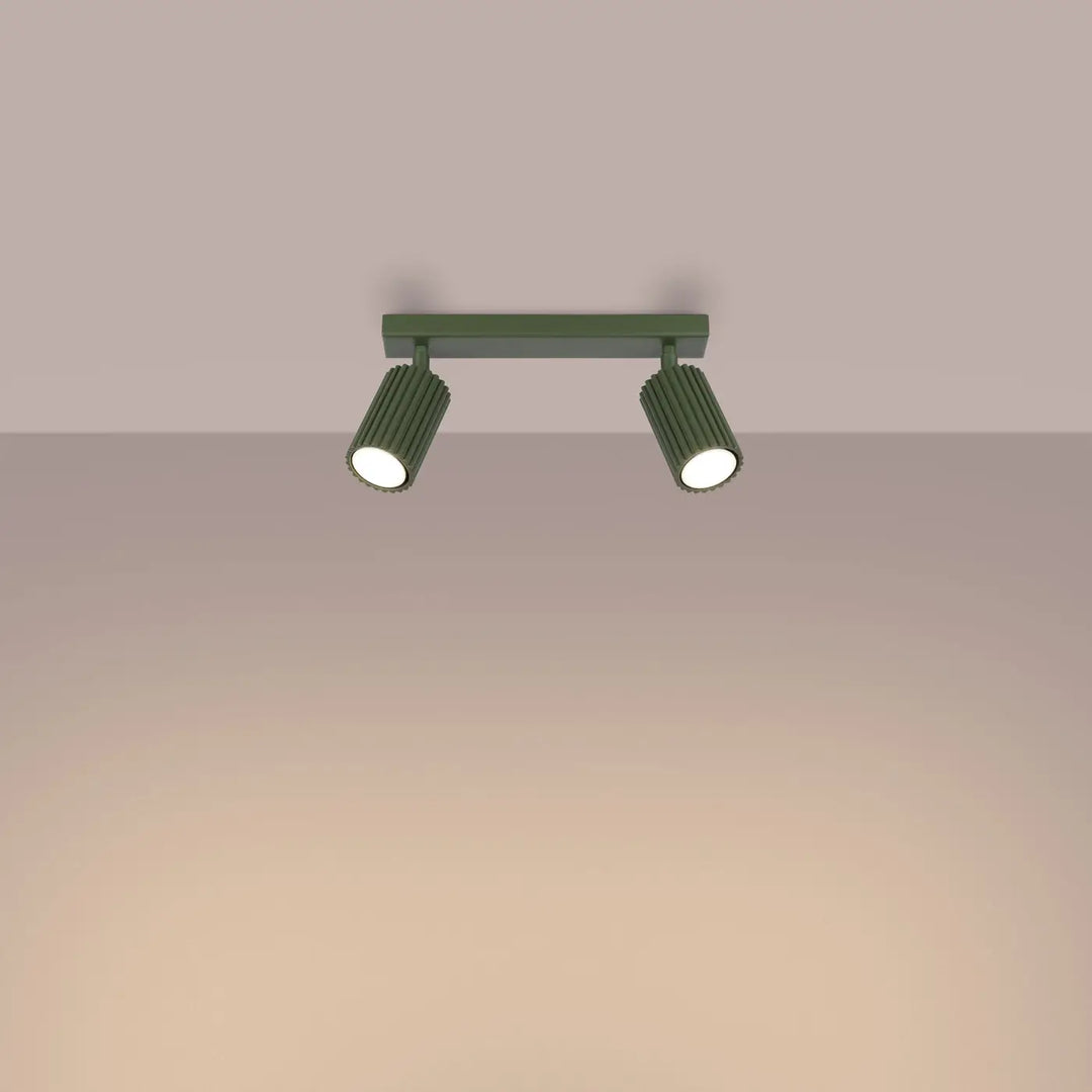 Plafonnier karbon allie design minimaliste en vert olive avec deux ampoules gu10 interchangeables cylindriques et cannelées