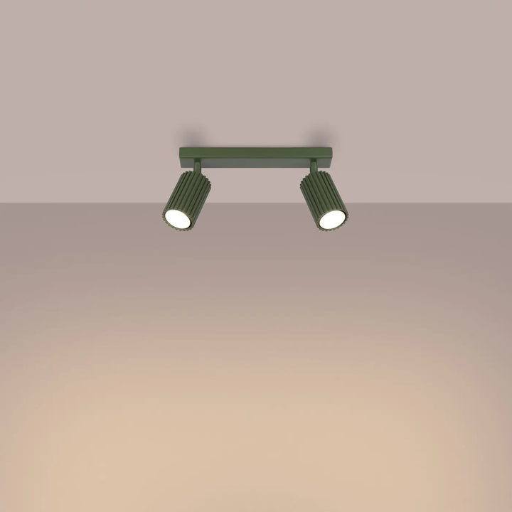 Plafonnier karbon allie design minimaliste en vert olive avec deux ampoules gu10 interchangeables cylindriques et cannelées
