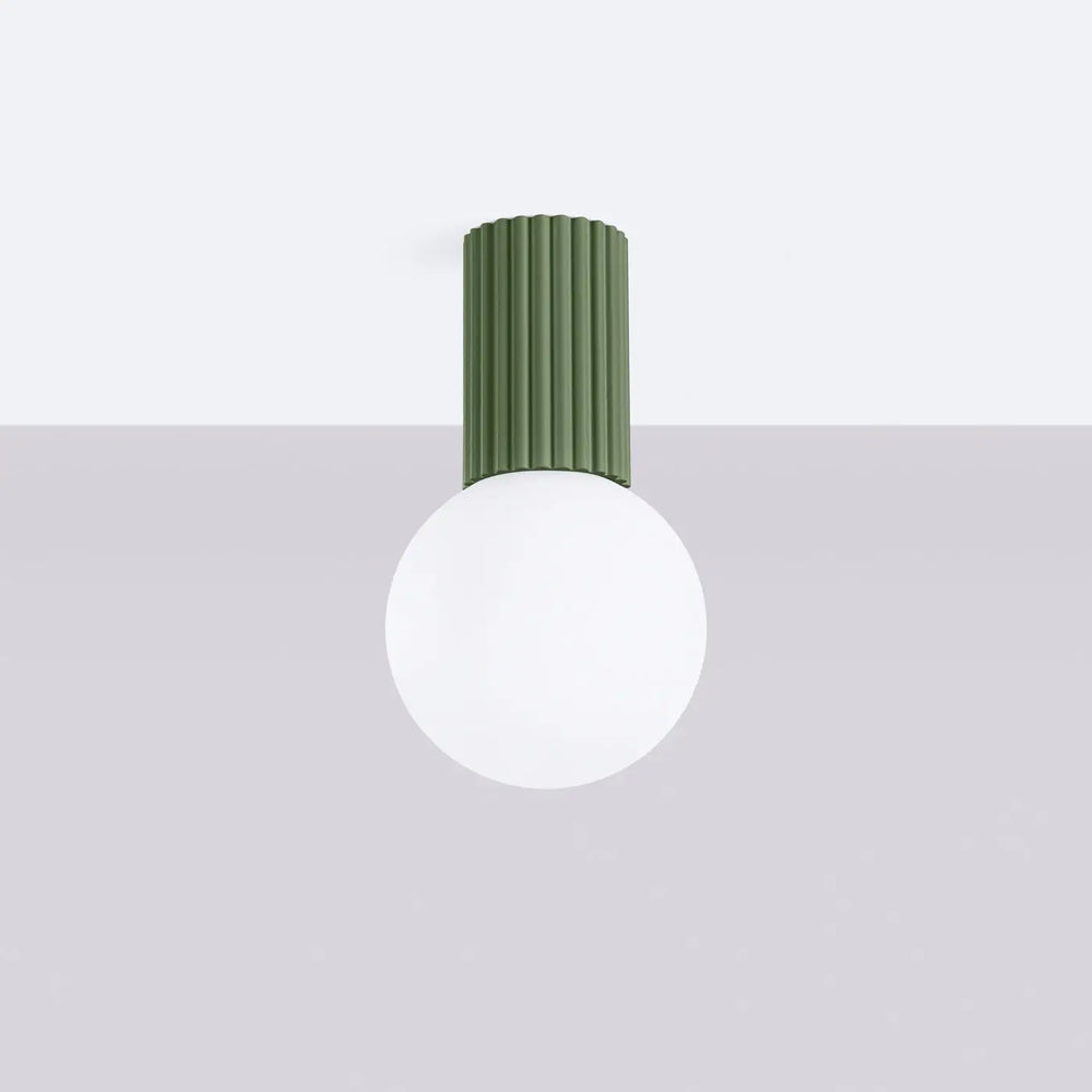 Luminaire plafonnier lampe halo vert olive avec tube cannelé et sphère laiteuse pour bureau décorative