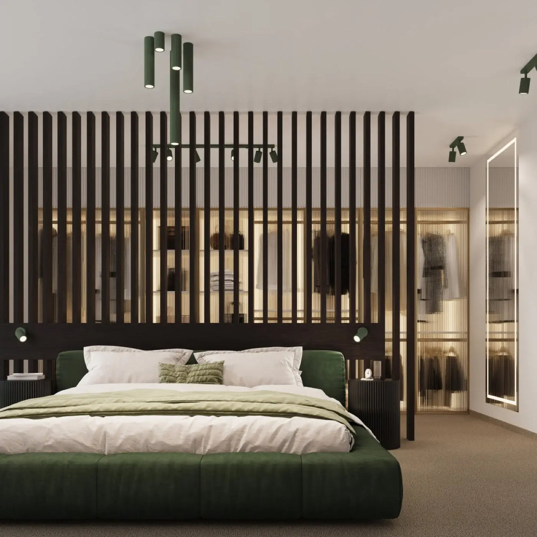 Plafonnier karbon allie à un design minimaliste avec luminaire vert olive, ampoules gu10 interchangeables et structure élégante