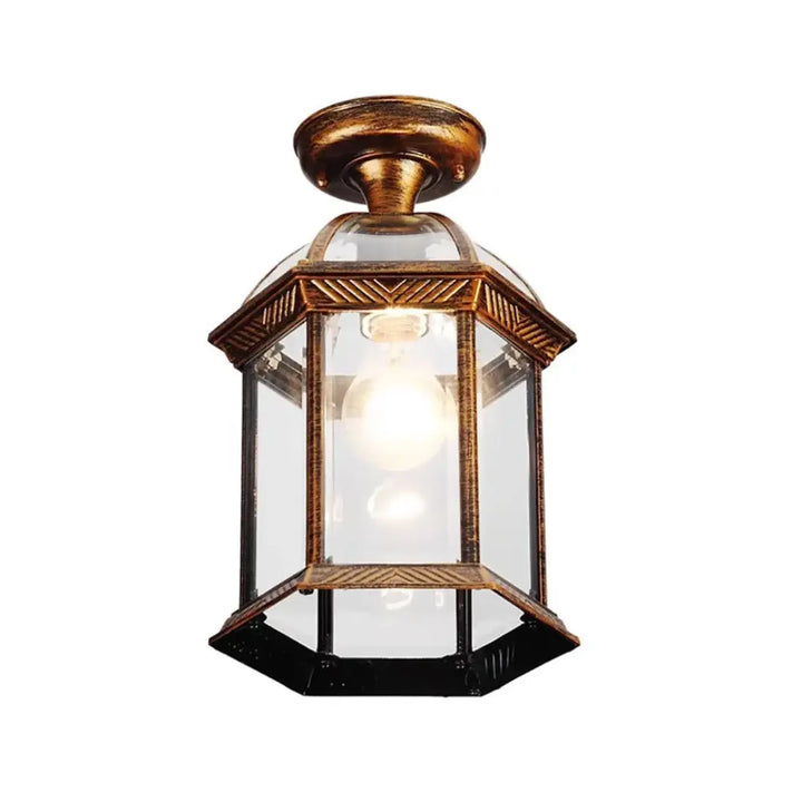 Luminaire plafonnier kagura en métal noir vintage avec lanterne hexagonale en laiton antique et panneaux en verre clair