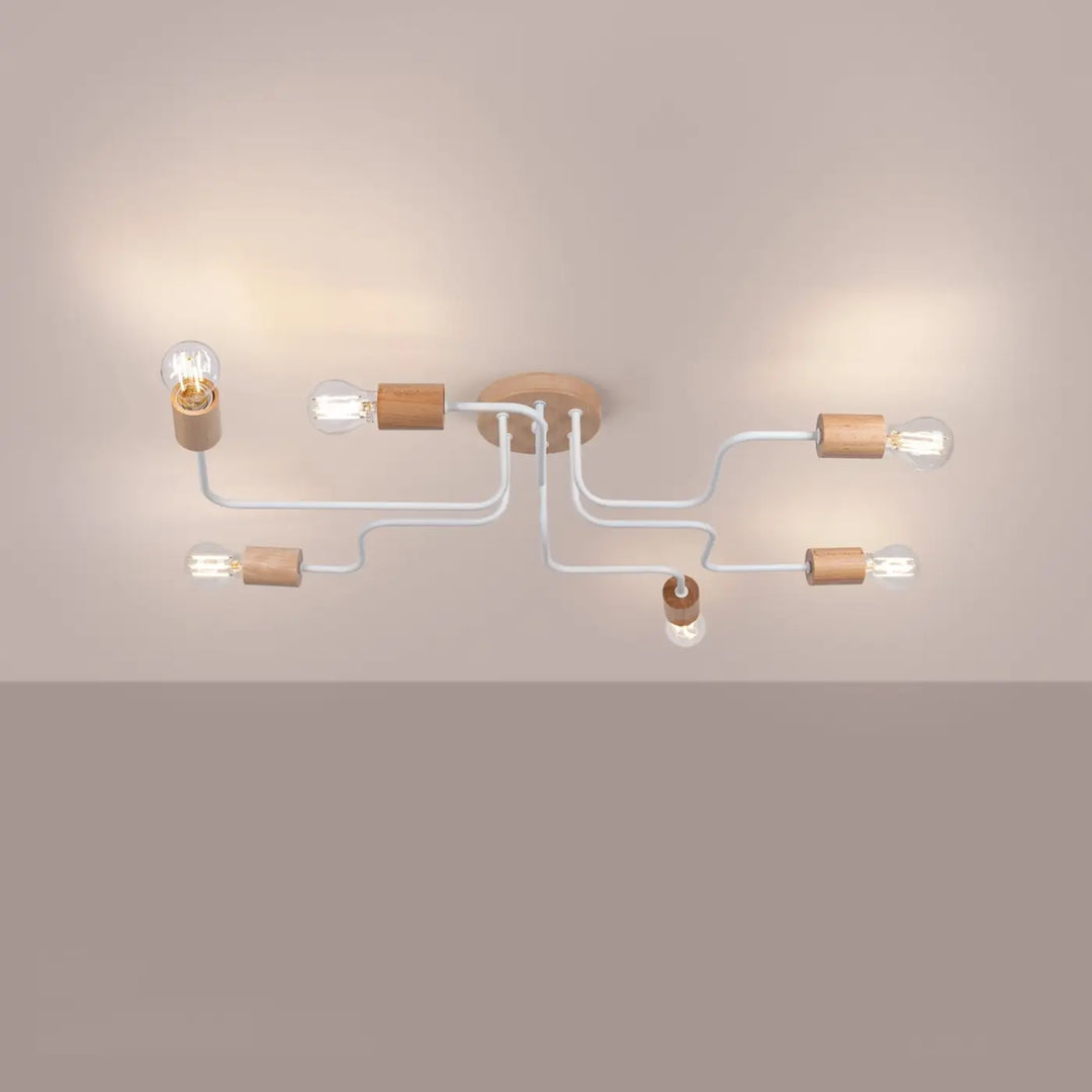 Lustre blanc/bois naturel allumé