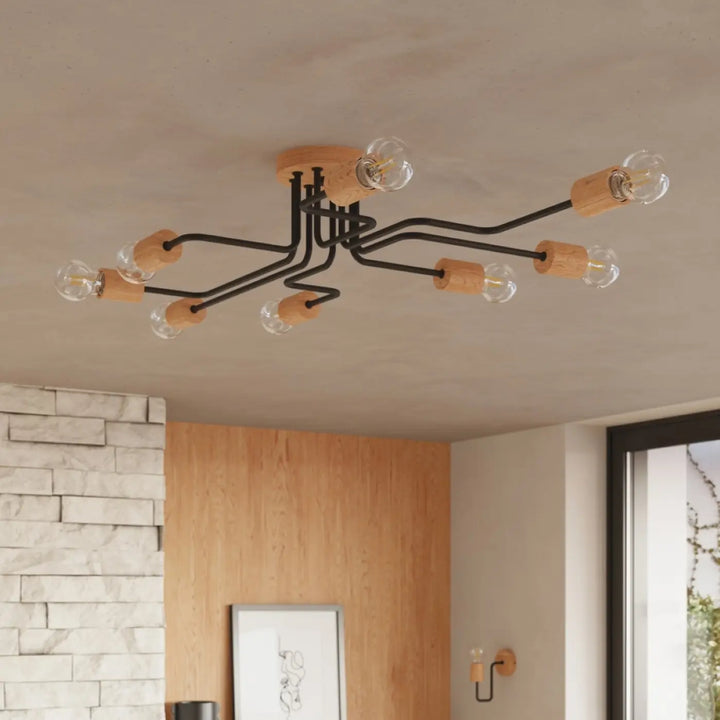 Lustre noir/bois naturel vue rapprochée dans son décor