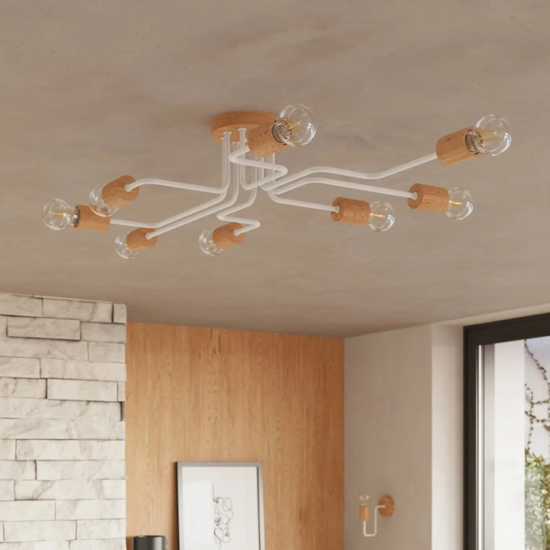 Lustre blanc/bois naturel vue rapprochée dans son décor