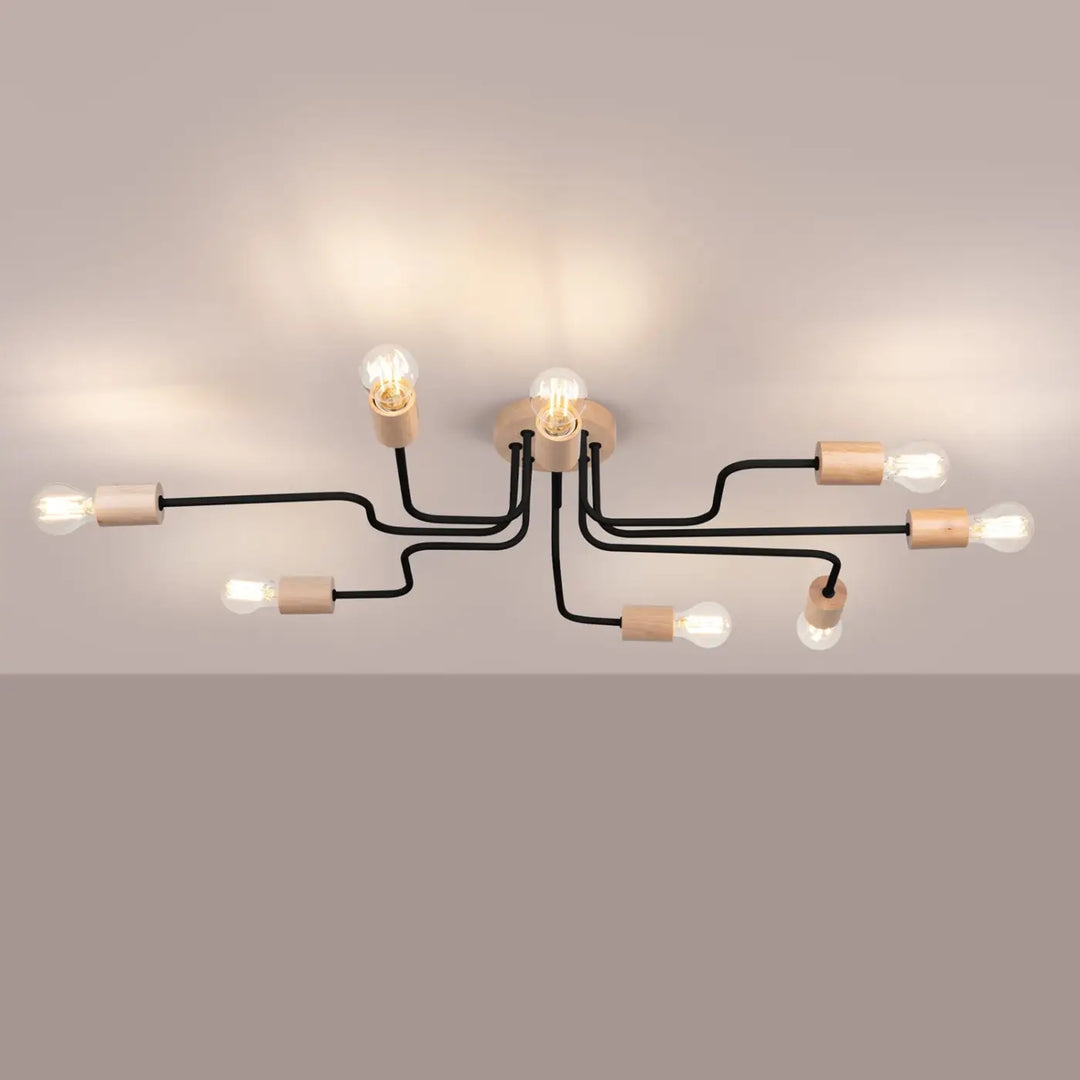 Lustre noir/bois naturel allumé