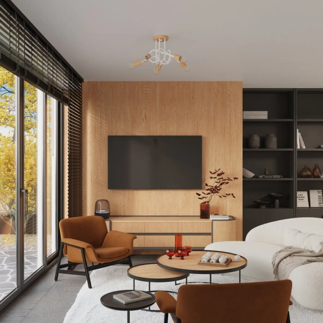 Lustre blanc/bois naturel dans un intérieur contemporain