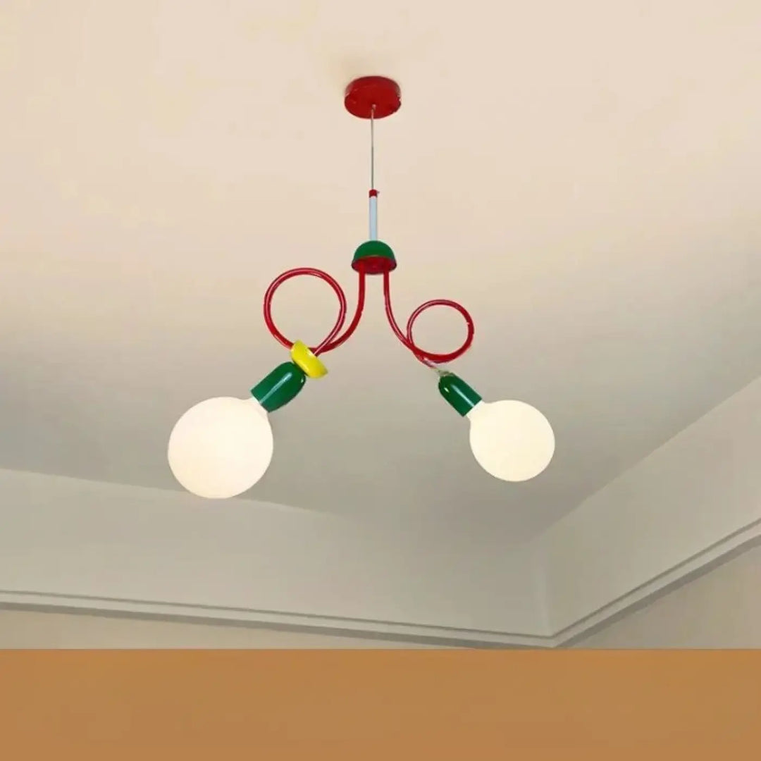 Lustre filéa rouge et vert avec deux globes blancs sphériques luminaire décoratif d’intérieur élégant