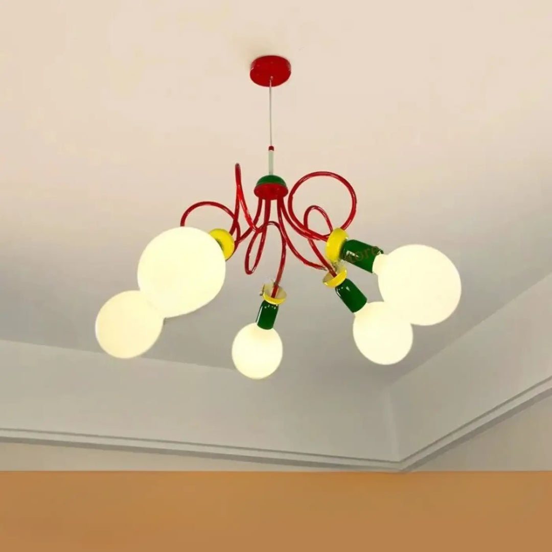 Lustre filéa luminaire décoratif d’intérieur vibrant rouge vert jaune avec bras courbés et ampoules sphériques blanches