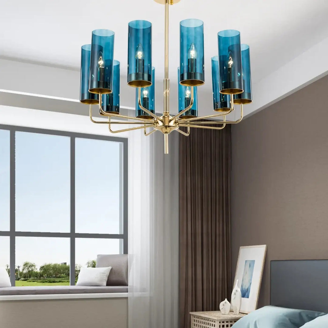 Lustre organis élégant chandelier cylindrique bleu en verre avec cadre métallique doré design nordique