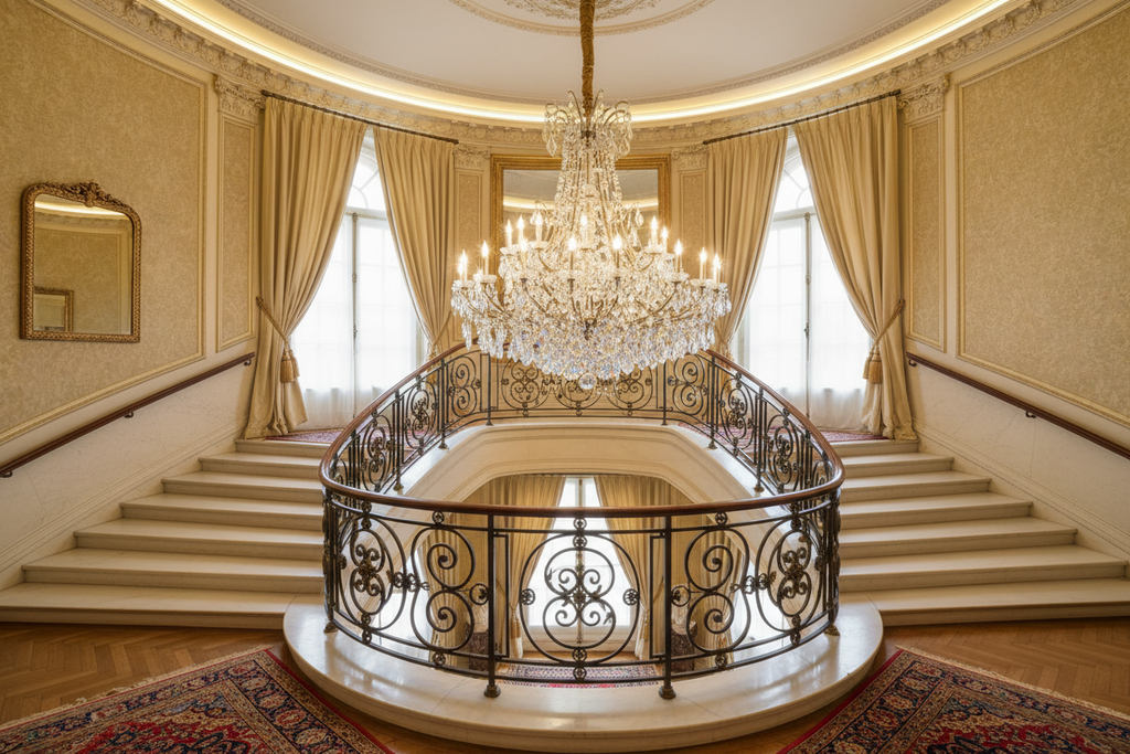 lustre au-dessus d’un escalier