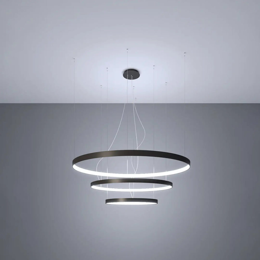 Lustre anneau RIO noir allumée, suspendu
