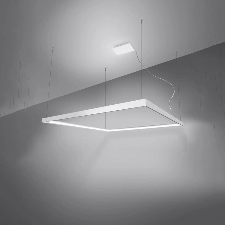 Lustre carré NELYA blanc allumée, vue en perspective