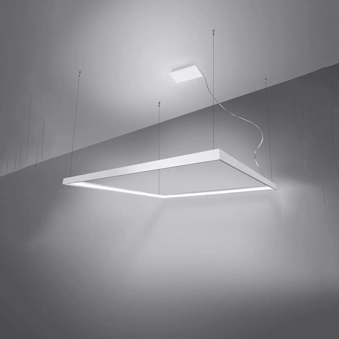 Lustre carré NELYA blanc allumée, vue en perspective