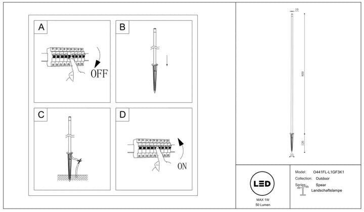 Luminaire extérieur spear piquet extérieur led modèle q441fl-l1gf3k1 design noir pour jardin et allée