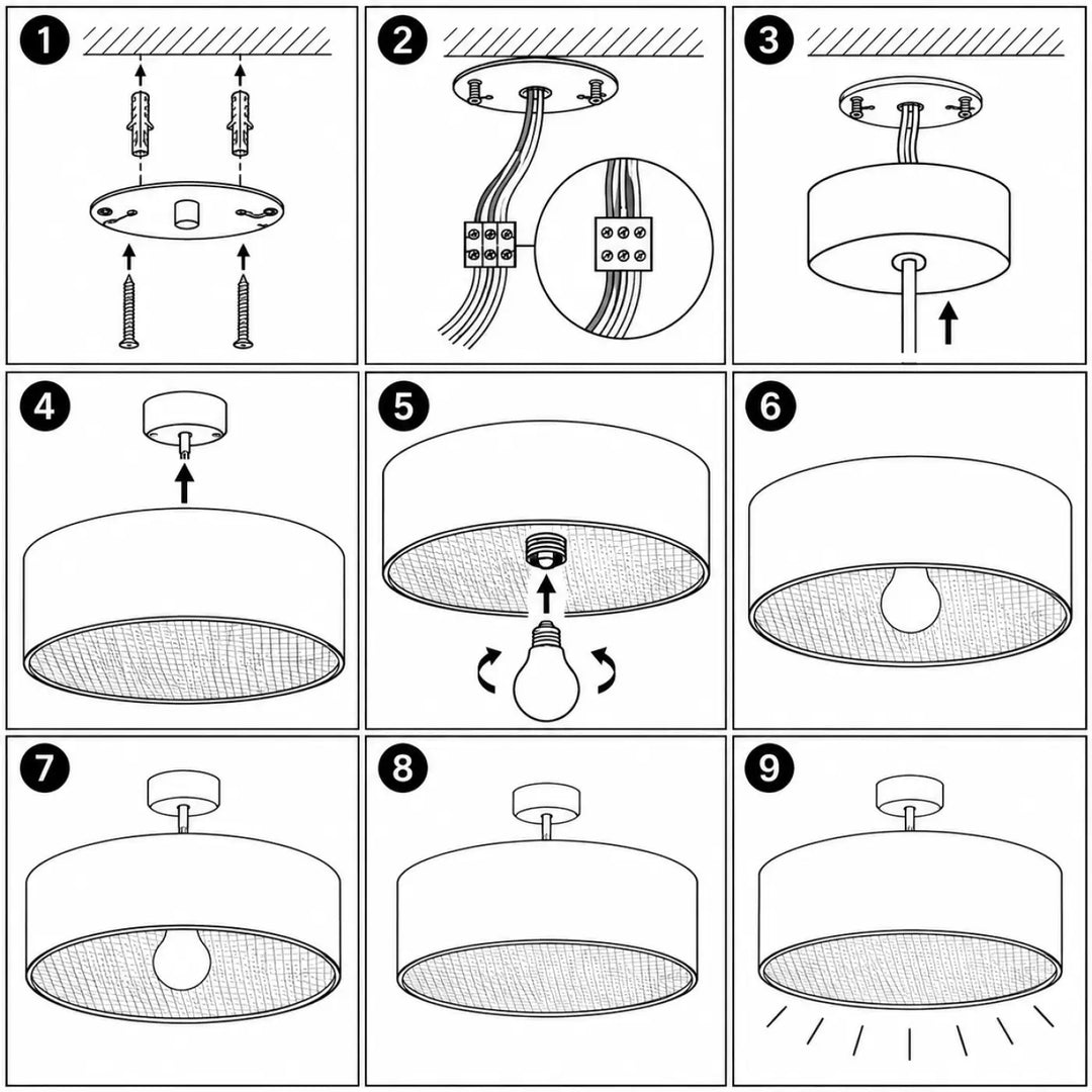 Diagramme d’installation pas à pas d’un luminaire plafonnier gris perle avec abat-jour en tissu et éclairage confortable