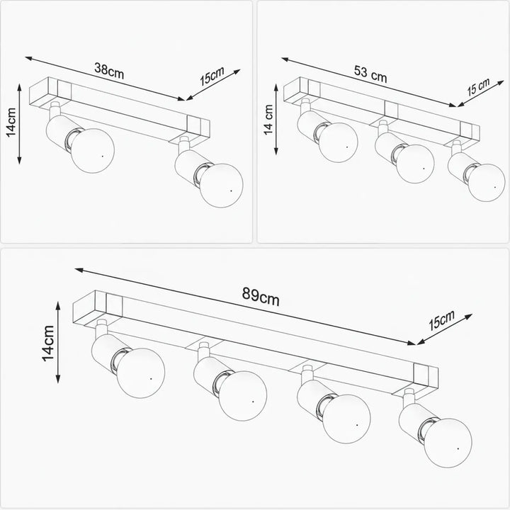 Luminaire plafonnier zuza minimaliste avec trois longueurs distinctes et quatre douilles noires orientables esprit atelier
