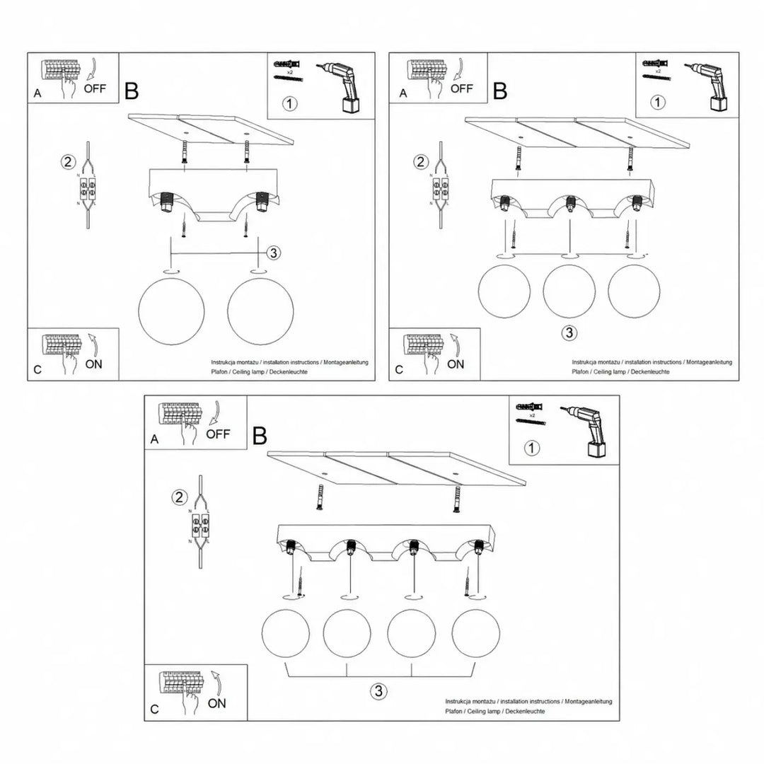 Schéma dinstallation en ligne noir et blanc dun luminaire plafonnier bulbo 4 avec globes opalins pour lumière diffuse