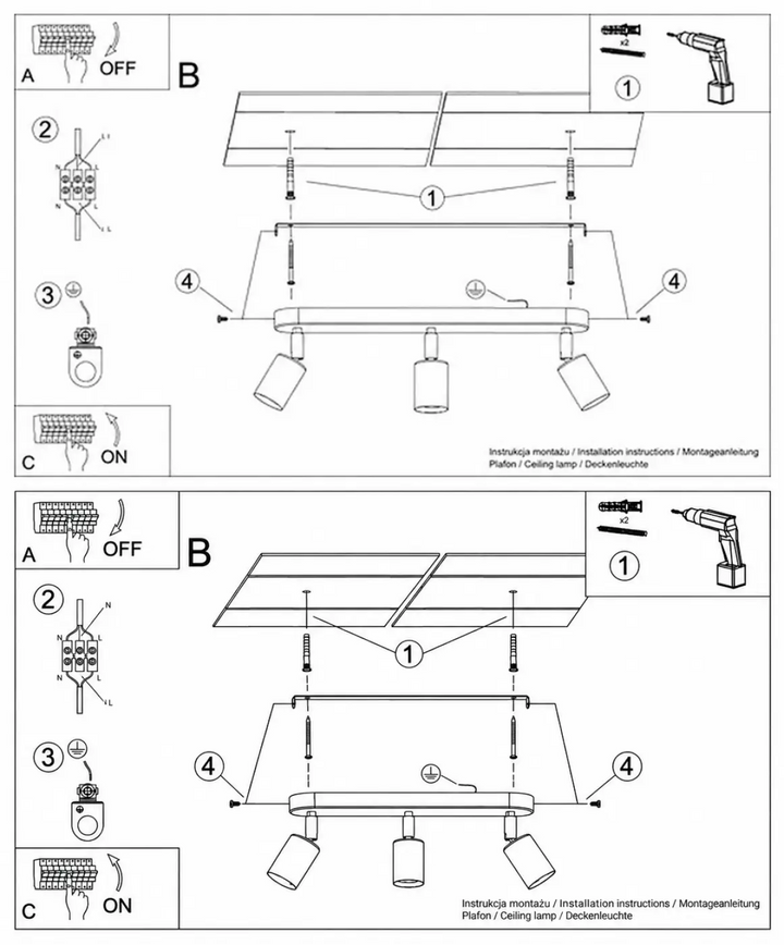 Luminaire plafonnier fornes avec trois douilles orientables en métal noir pour une lumière généreuse et ampoules apparentes