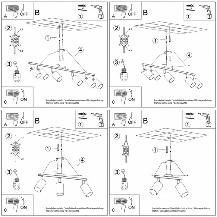 Luminaire plafonnier lemmi avec barre fine et rosace ronde équipée de quatre spots cylindriques orientables pour éclairage modulable