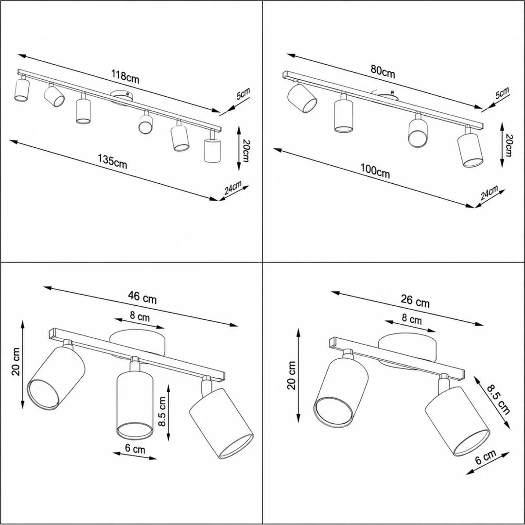 Luminaire plafonnier lemmi avec barre fine et rosace ronde équipé de spots cylindriques orientables en design minimaliste