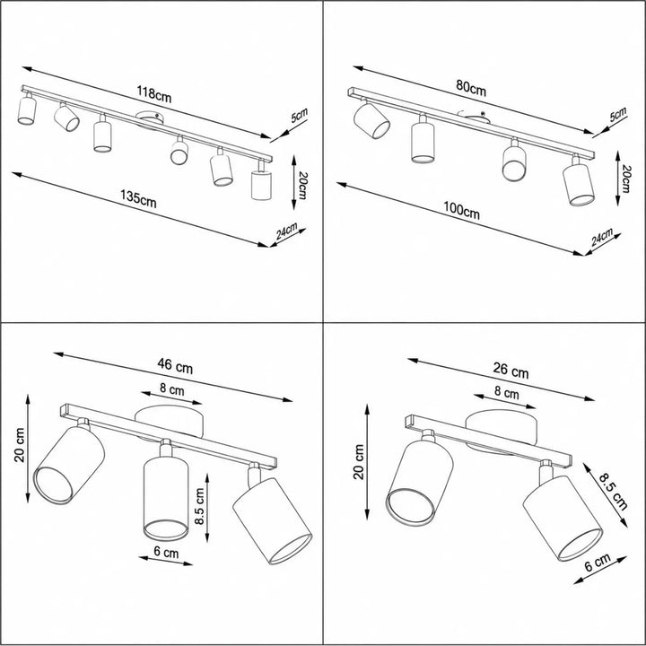 Luminaire plafonnier lemmi avec barre fine et rosace ronde équipé de spots cylindriques orientables en design minimaliste