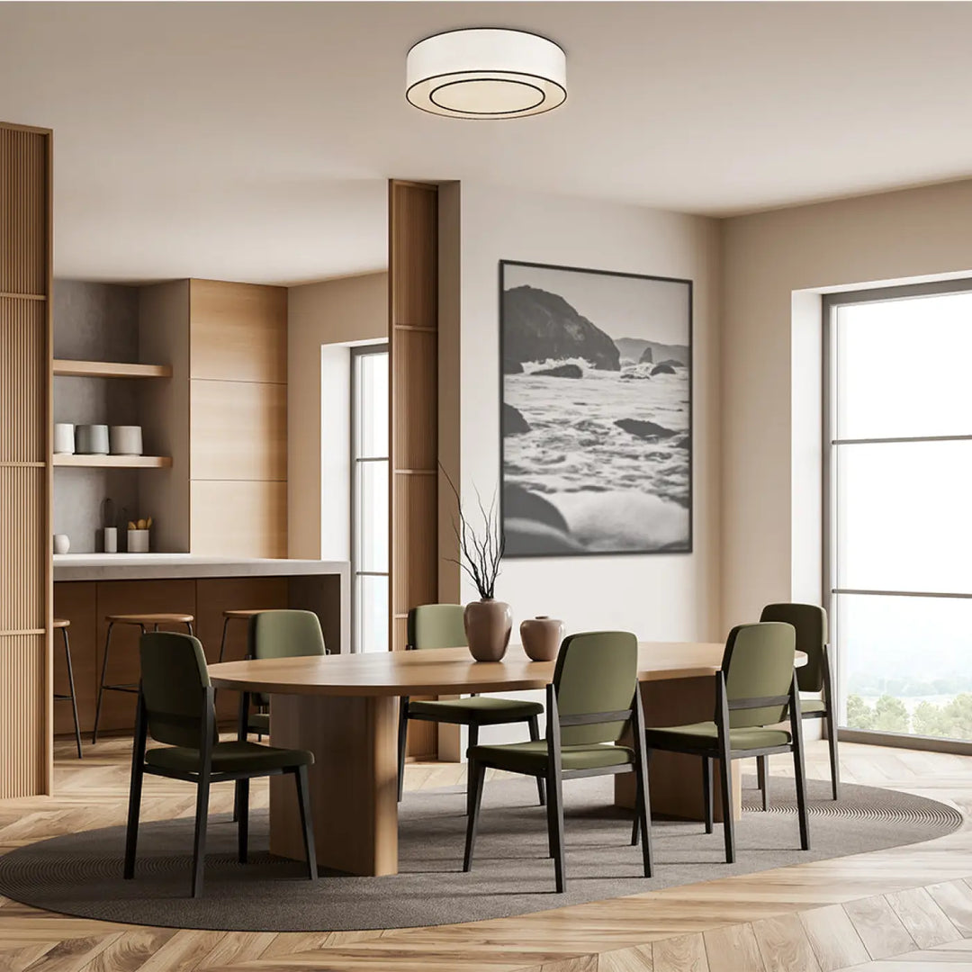 Plafonnier bergamo moderne avec abat-jour cylindrique blanc et anneau métallique fin pour salle à manger