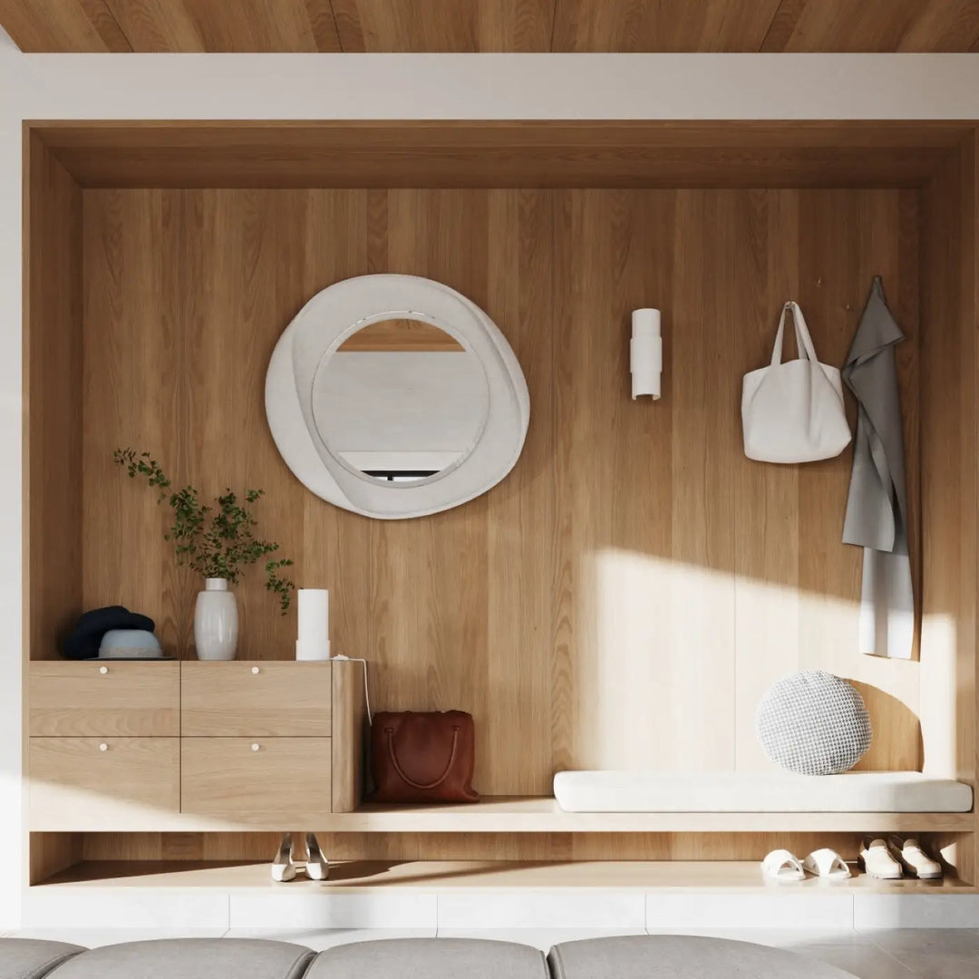 Miroir circulaire blanc avec cadre texturé subtil monté sur mur en bois design moderne lampe flash luminaire plafonnier flash blanc