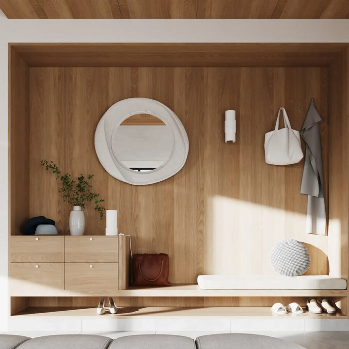 Miroir circulaire blanc avec cadre texturé subtil monté sur mur en bois design moderne lampe flash luminaire plafonnier flash blanc