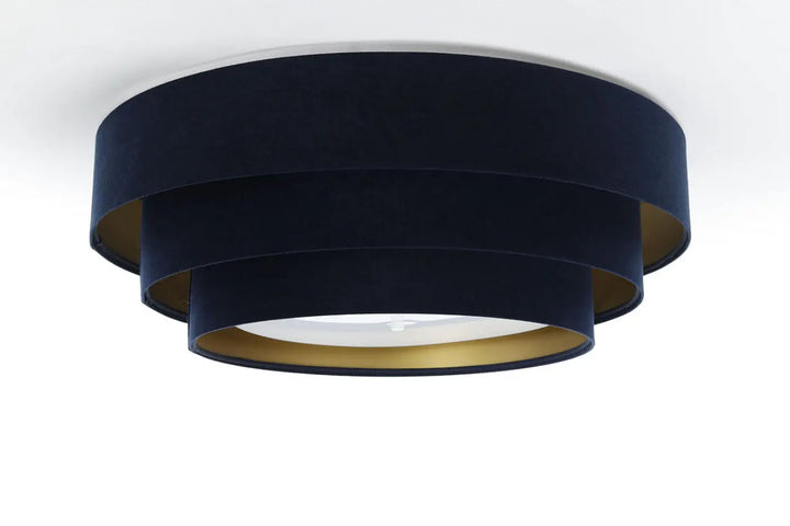 Plafonnier bleu marine en velours avec lumière à couches et bords intérieurs dorés luminaire triniti veloursstoff