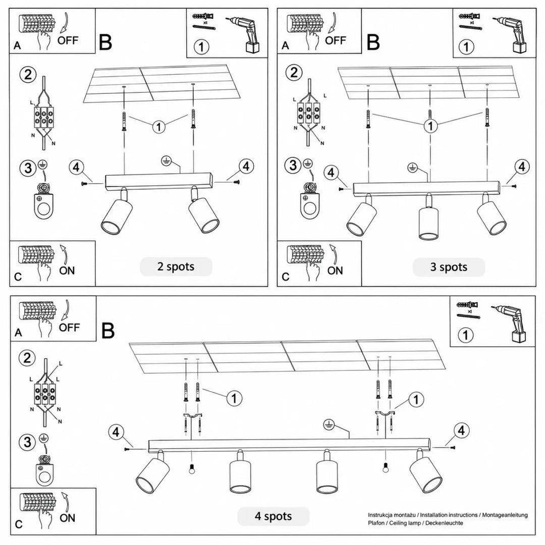 Luminaire plafonnier verdo avec spots orientables en acier blanc et bois naturel avec support de montage