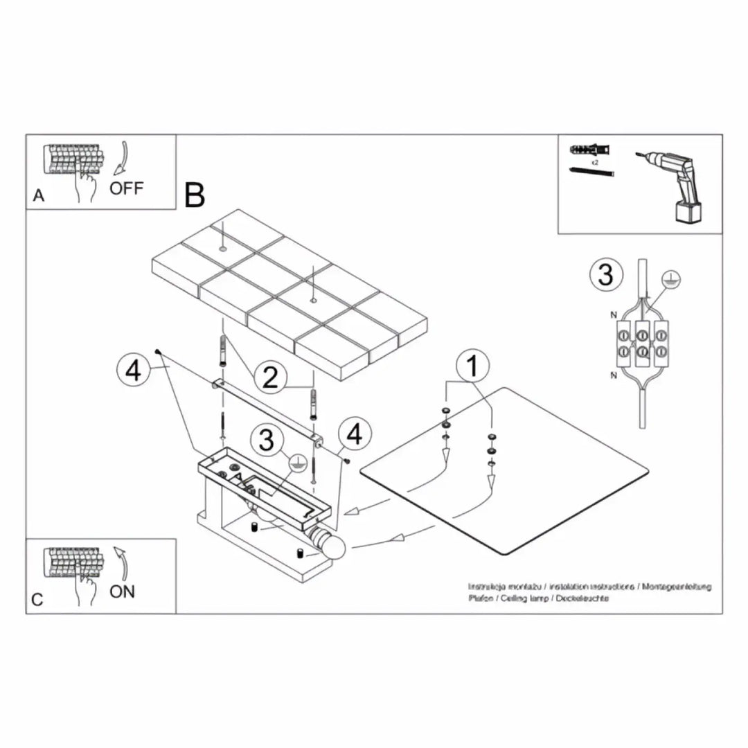 Luminaire plafonnier blanc en plastique avec supports métalliques et câblage compatible ampoules e27 et coins arrondis bois naturel
